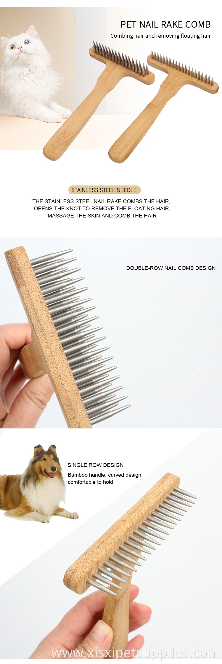 Factory Wholesale Custom Laser Logo Bamboo Wooden Handle Pet Flea Comb Cat Dog Hair Grooming Comb